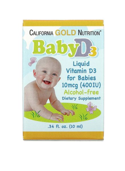 California Gold Nutrition, вітамін D3 у рідкій формі для дітей, 10 мкг (400 МО), 10 мл (0,34 рідк. унції) 55551 фото